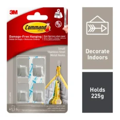Command Self-Adhesive Small Metallic Hooks Stainless Steel Colour - 4 Hooks - 5 Strips